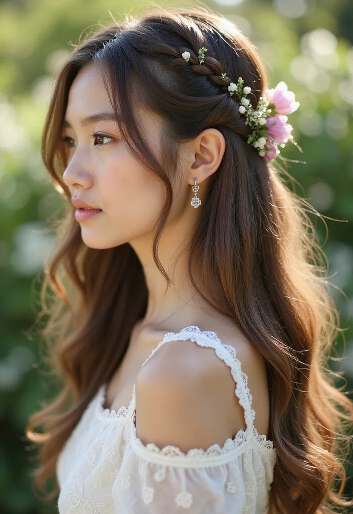 28 Trendy Looks Featuring Half Braids Half Crochet Hairstyles - 22. Loose Half Braids with Flower Crowns