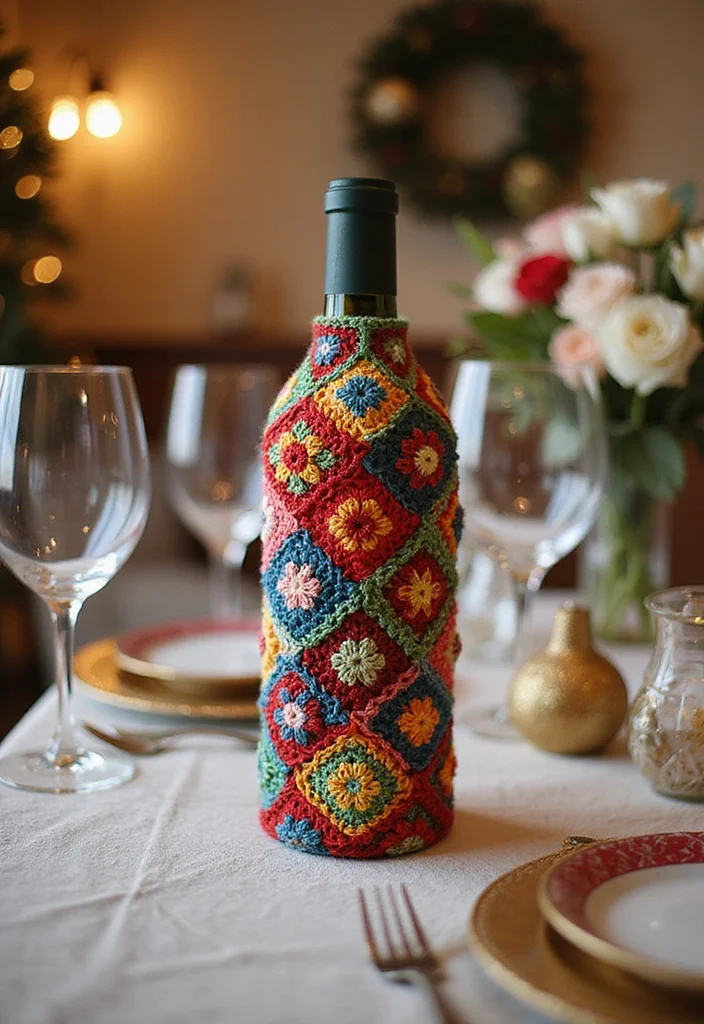 28 Visual Tutorials Inspired by Granny Square Crochet Pattern Diagram - 26. Granny Square Wine Bottle Cover