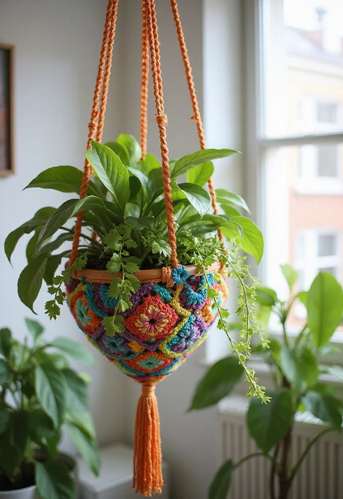 28 Visual Tutorials Inspired by Granny Square Crochet Pattern Diagram - 9. Granny Square Plant Hanger