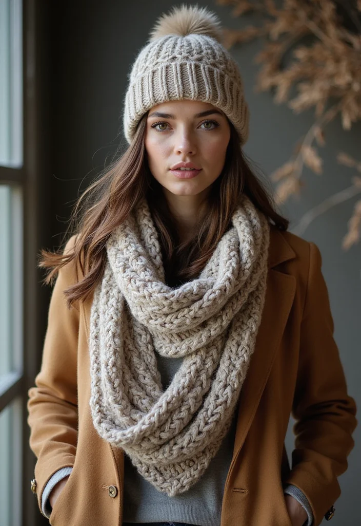 29 Cozy Winter Looks Using Crochet Beanie Patterns: Free DIY Crochet Ideas - 20. Infinity Scarf & Beanie Set