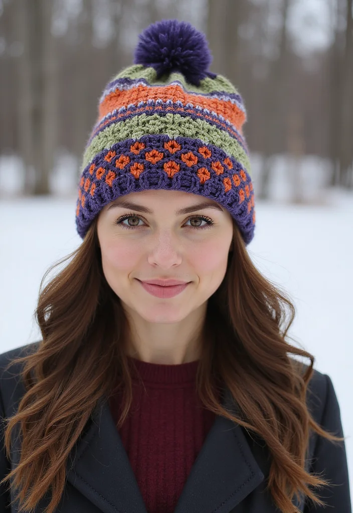 29 Cozy Winter Looks Using Crochet Beanie Patterns: Free DIY Crochet Ideas - 21. Beanie with Patterns