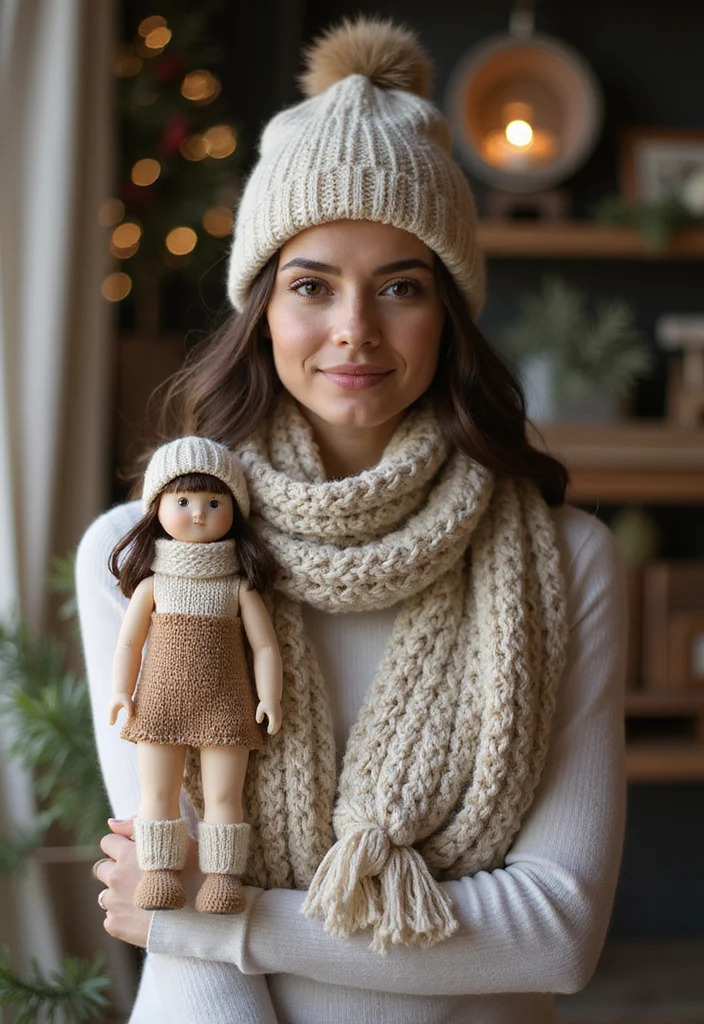 29 Cute Outfit Ideas from Crochet Doll Clothes Free Patterns - 13. Chic Scarf and Hat Set