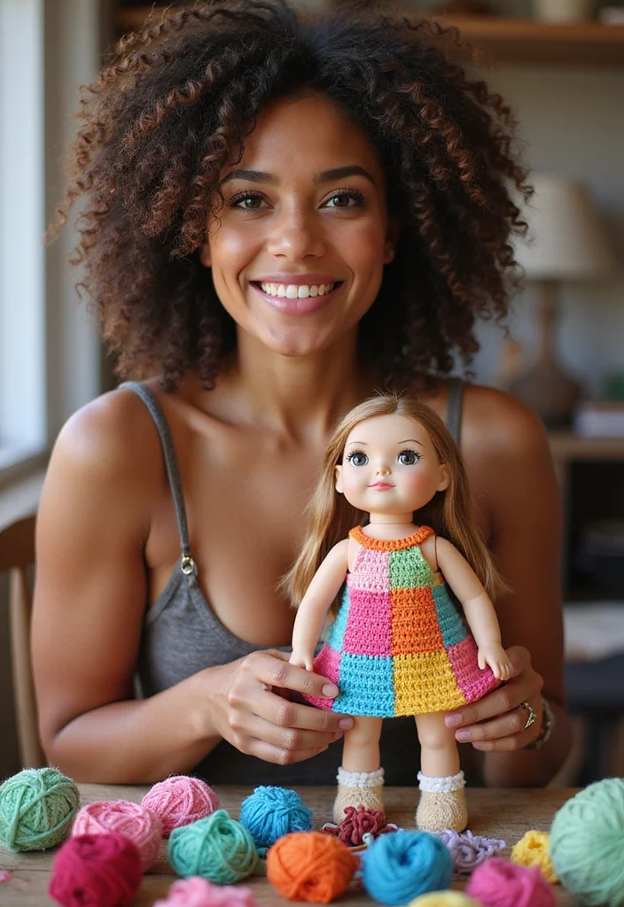 29 Cute Outfit Ideas from Crochet Doll Clothes Free Patterns - 22. Unique Patchwork Dress