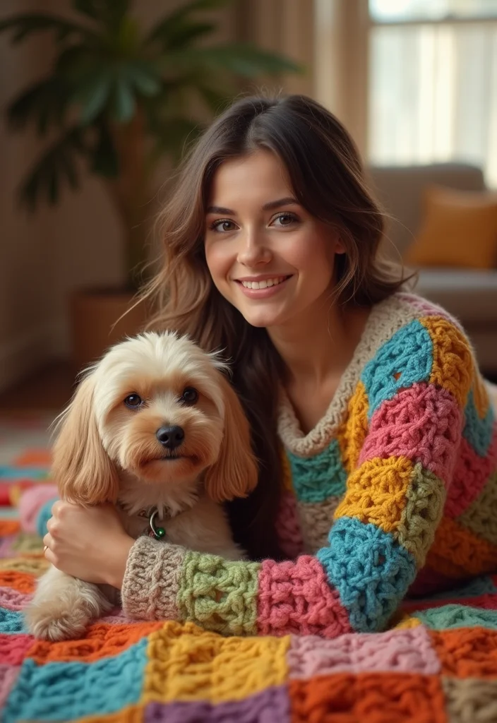 29 Cute Pet Looks Using Crochet Dog Sweater Free Pattern - 21. Fun Patchwork Style