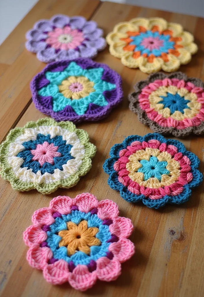 30 Beautiful Projects with Mosaic Crochet Patterns: Free Charts Await! - 6. Mosaic Crochet Coasters