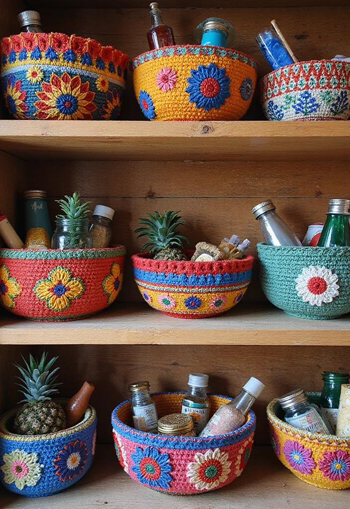 30 Beautiful Projects with Mosaic Crochet Patterns: Free Charts Await! - 7. Decorative Mosaic Baskets