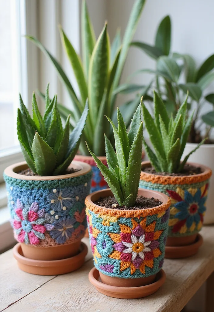 30 Beautiful Projects with Mosaic Crochet Patterns: Free Charts Await! - 8. Mosaic Plant Pot Covers
