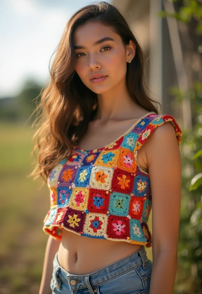 30 Beautiful Wearables from Crochet Summer Tops Free Patterns - 6. Colorful Granny Square Crop