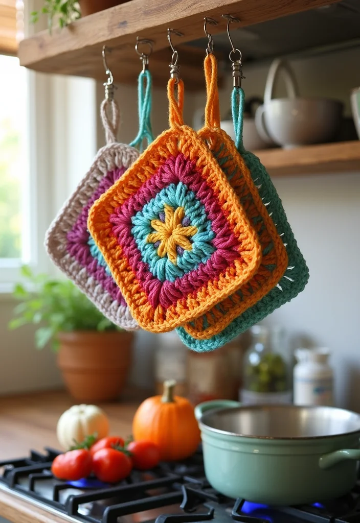 30 Colorful Projects Using Granny Square Crochet Patterns Free - 16. Granny Square Pot Holders