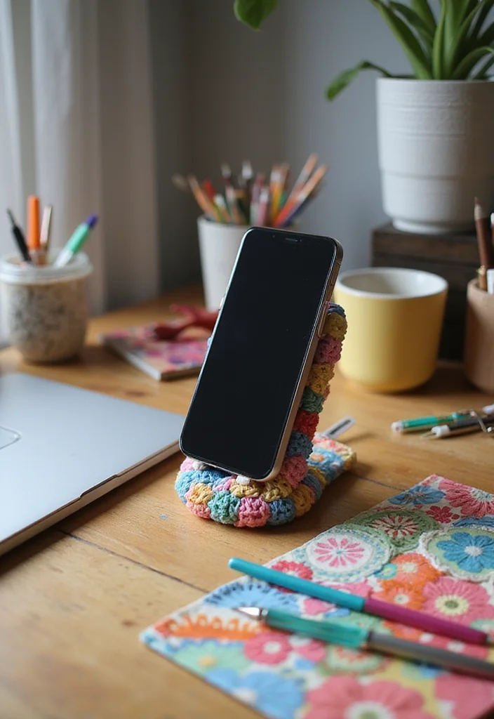 30 Colorful Projects Using Granny Square Crochet Patterns Free - 17. Granny Square Phone Stand