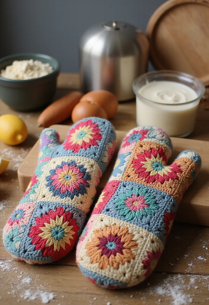 30 Colorful Projects Using Granny Square Crochet Patterns Free - 18. Granny Square Oven Mitts