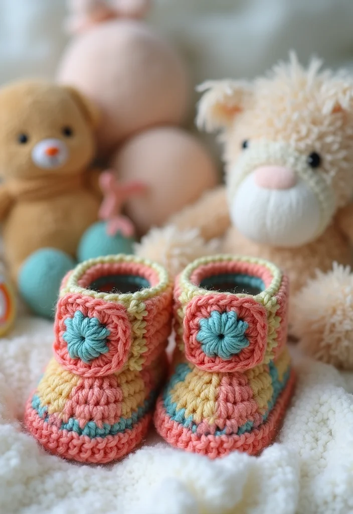 30 Colorful Projects Using Granny Square Crochet Patterns Free - 19. Granny Square Baby Booties