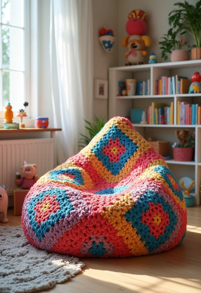 30 Colorful Projects Using Granny Square Crochet Patterns Free - 23. Granny Square Bean Bag