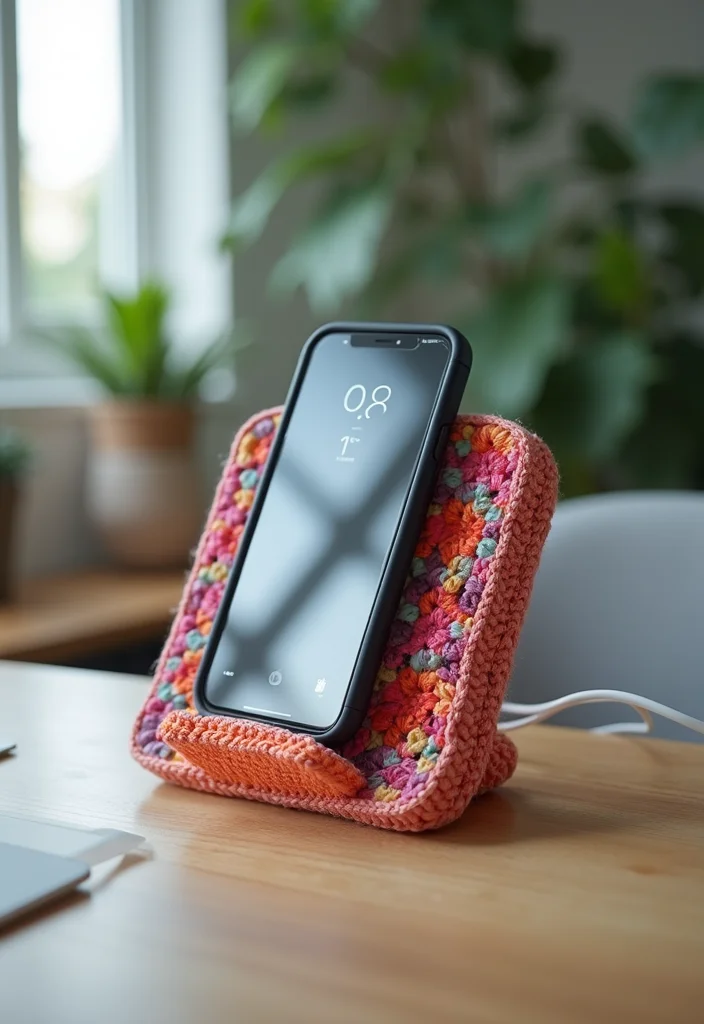 30 Colorful Projects Using Granny Square Crochet Patterns Free - 24. Granny Square Phone Charger Holder