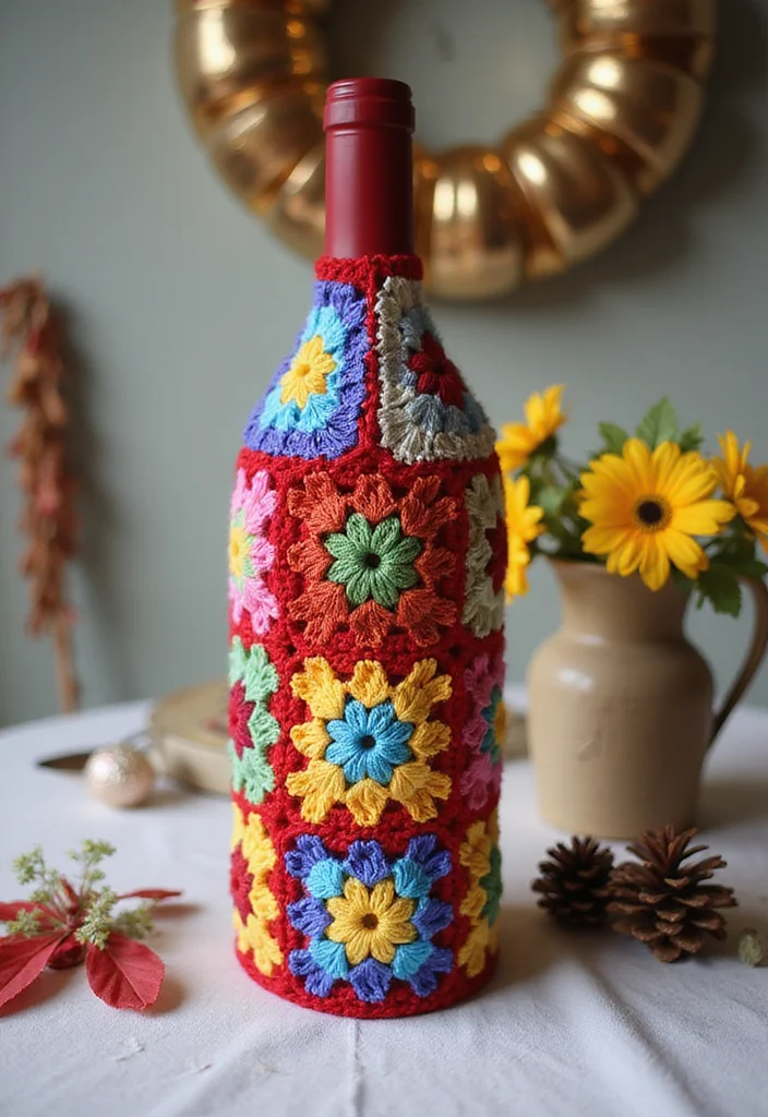 30 Colorful Projects Using Granny Square Crochet Patterns Free - 26. Granny Square Wine Bottle Cover