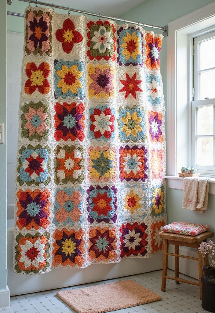 30 Colorful Projects Using Granny Square Crochet Patterns Free - 27. Granny Square Shower Curtain