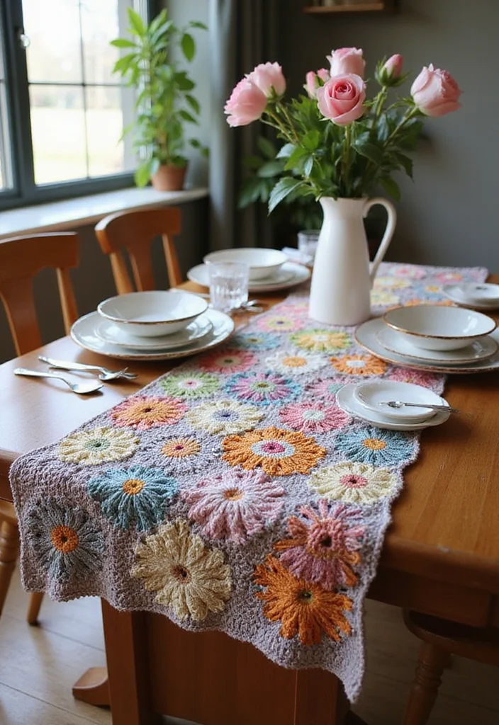 30 Colorful Projects Using Granny Square Crochet Patterns Free - 3. Granny Square Table Runner
