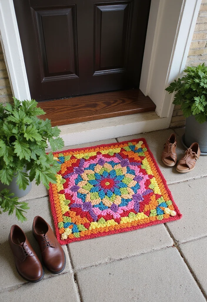 30 Colorful Projects Using Granny Square Crochet Patterns Free - 8. Granny Square Entryway Mat