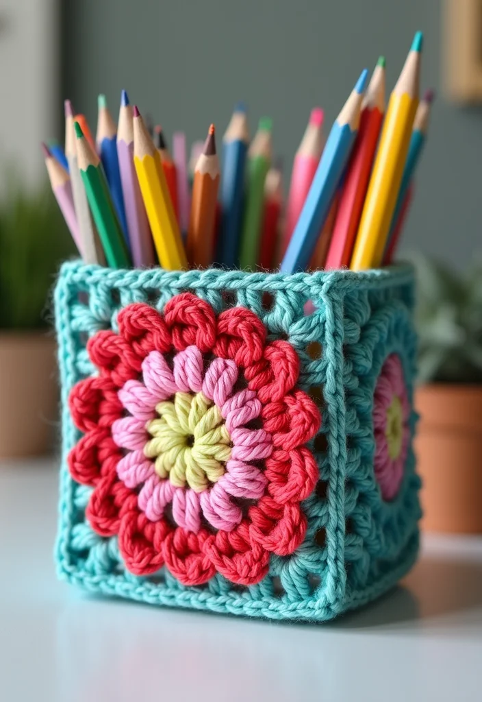 30 Colorful Projects Using Granny Square Crochet Patterns Free - 9. Granny Square Desk Organizer