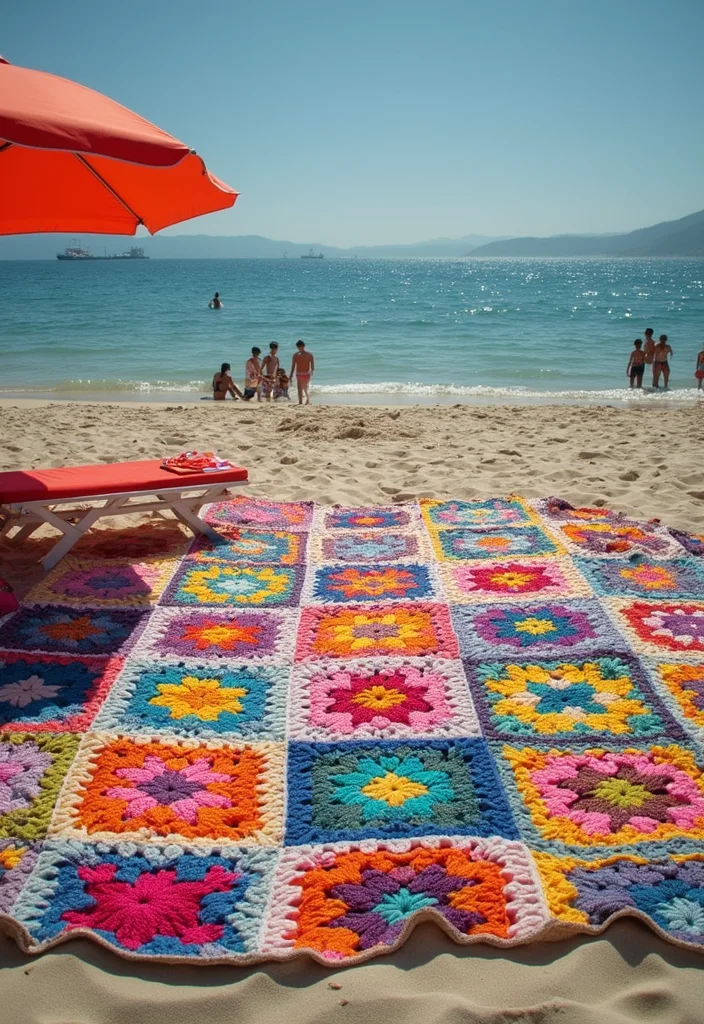 30 Ideas with How to Crochet a Granny Square You Must Try - 17. Granny Square Beach Blanket