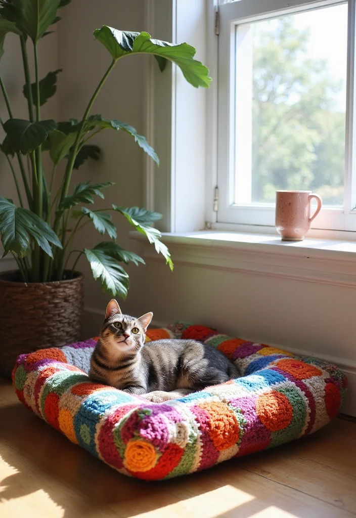 30 Ideas with How to Crochet a Granny Square You Must Try - 29. Granny Square Cat Bed