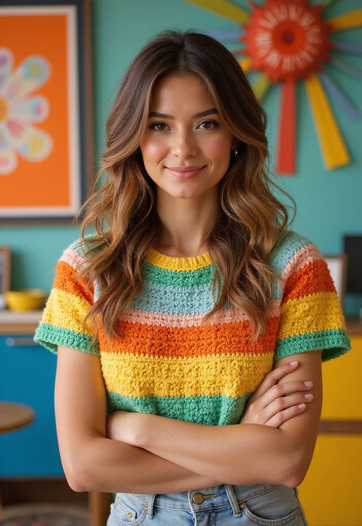 30 Trendy Outfit Ideas with Crochet Tops Free Patterns - 28. Vibrant Colorblock Crochet Top