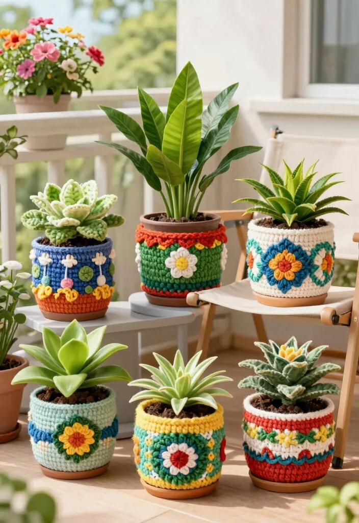 19 Clever Handmade Ideas for Creative Reuse of Scrap Yarn - 6. Charming Plant Pot Covers 1