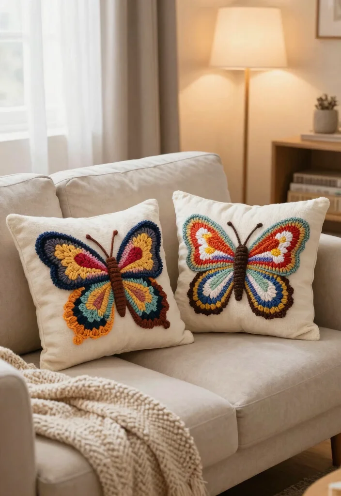Crochet Butterfly Free Pattern Guide for Decorative Accents: 19 Delicate Design Ideas - 19. Butterfly Pillow Covers 1