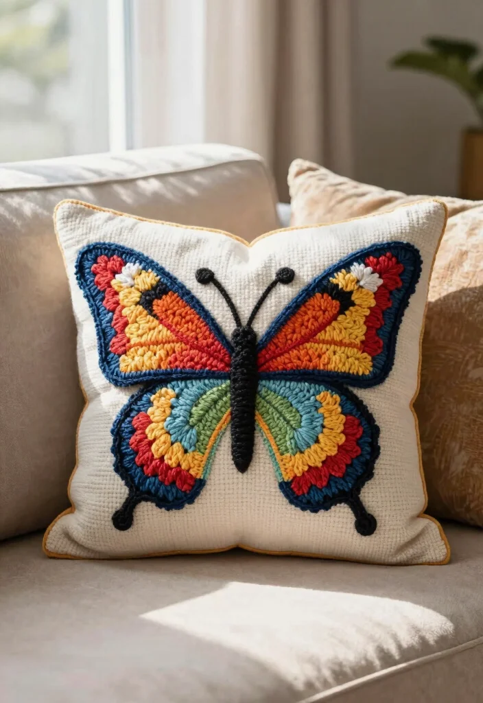 Crochet Butterfly Free Pattern Guide for Decorative Accents: 19 Delicate Design Ideas - 5. Butterfly Pillow Embellishments 1