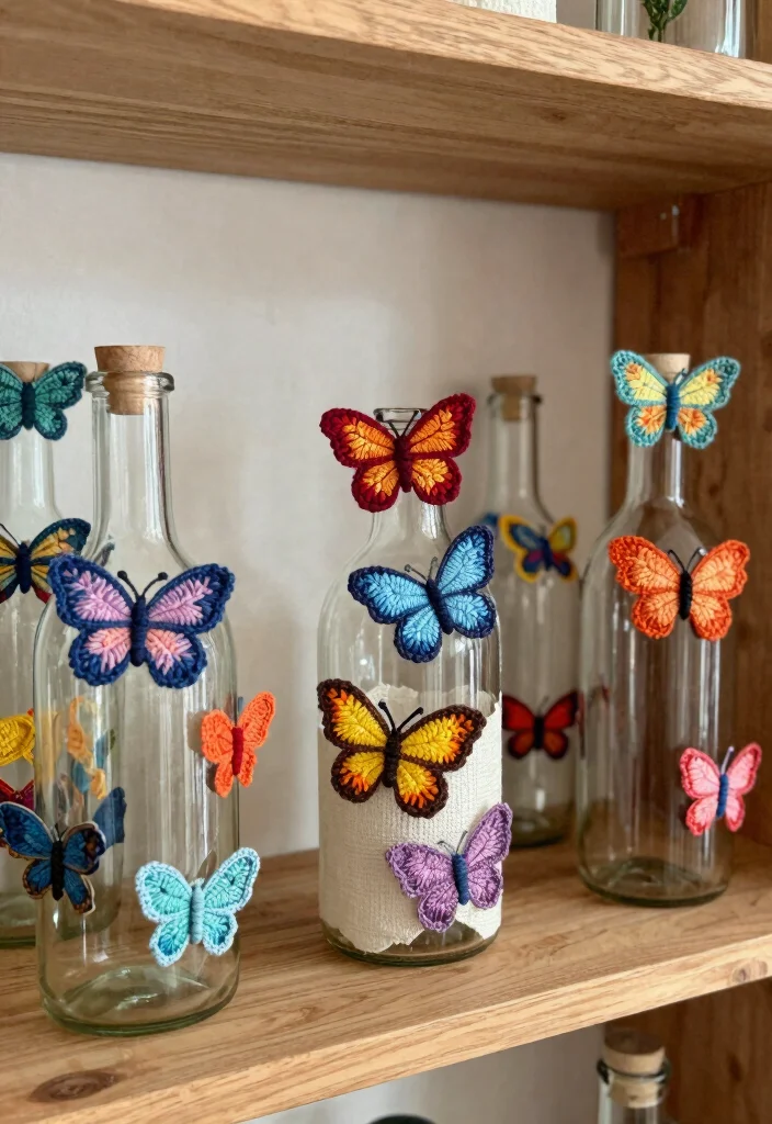Crochet Butterfly Free Pattern Guide for Decorative Accents: 19 Delicate Design Ideas - 9. Butterfly Bottle Decor 1