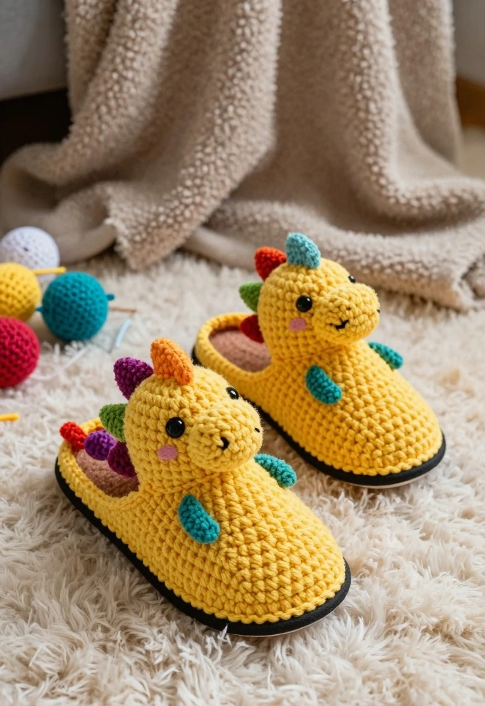 Crochet Dinosaur Pattern Free Guide for Fun Toy Projects: 19 Imaginative Design Ideas - 11. Crocheted Dino Slippers 1