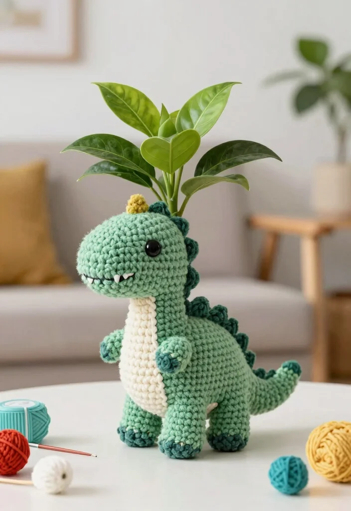 Crochet Dinosaur Pattern Free Guide for Fun Toy Projects: 19 Imaginative Design Ideas - 13. Crochet Dino Plant Holder 1
