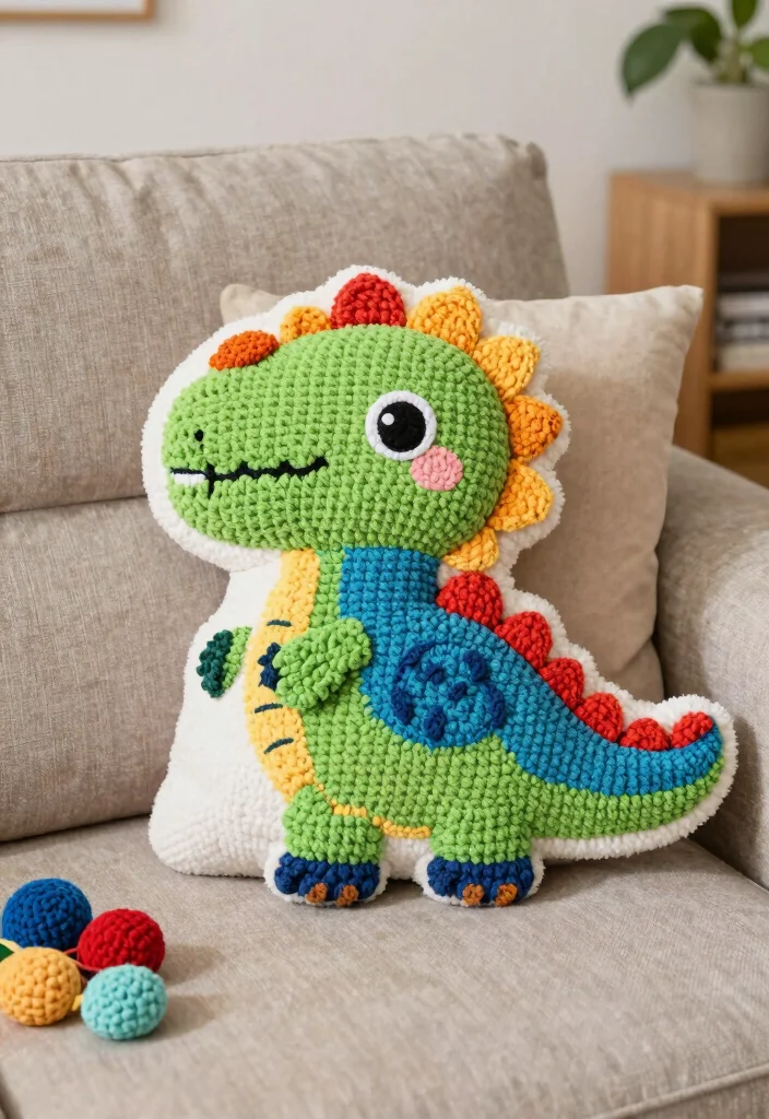 Crochet Dinosaur Pattern Free Guide for Fun Toy Projects: 19 Imaginative Design Ideas - 16. Dino Cuddly Pillow 1