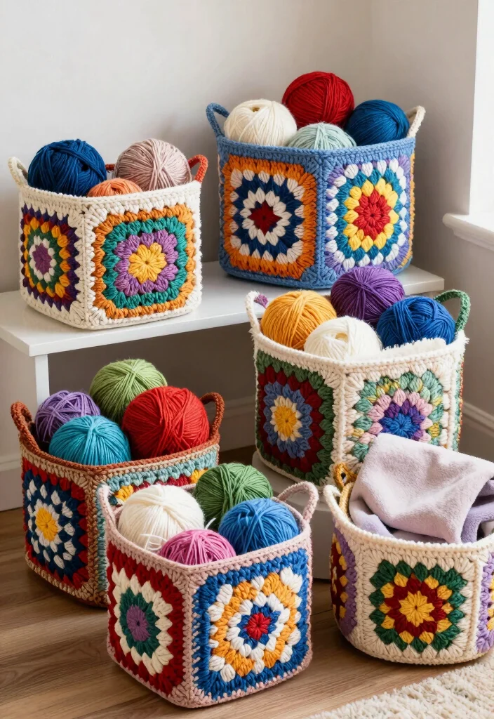 Crochet Granny Square Pattern Guide: 17 Creative Layout Ideas for Home Decor - 12. Granny Square Baskets 1