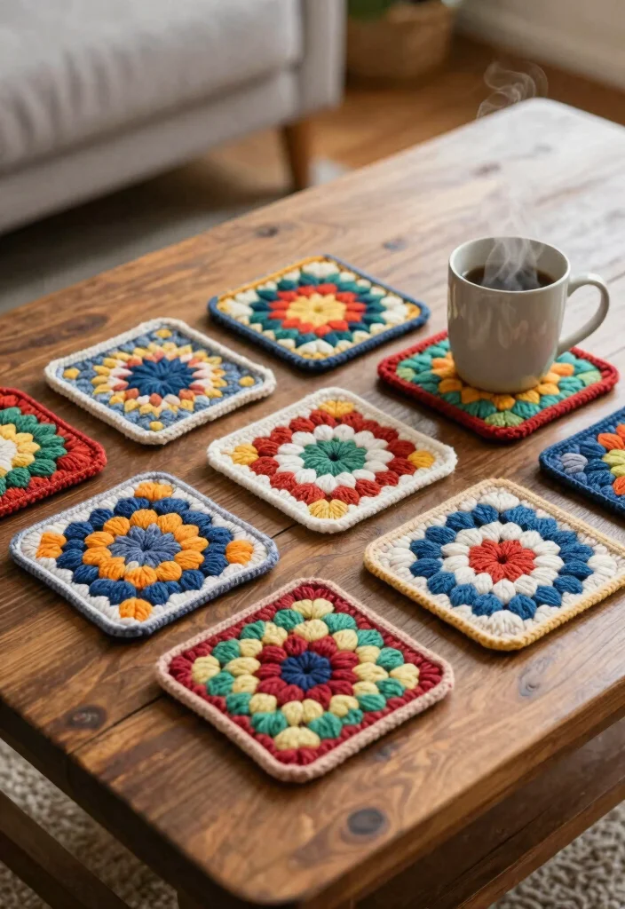 Crochet Granny Square Pattern Guide: 17 Creative Layout Ideas for Home Decor - 14. Granny Square Coasters 1