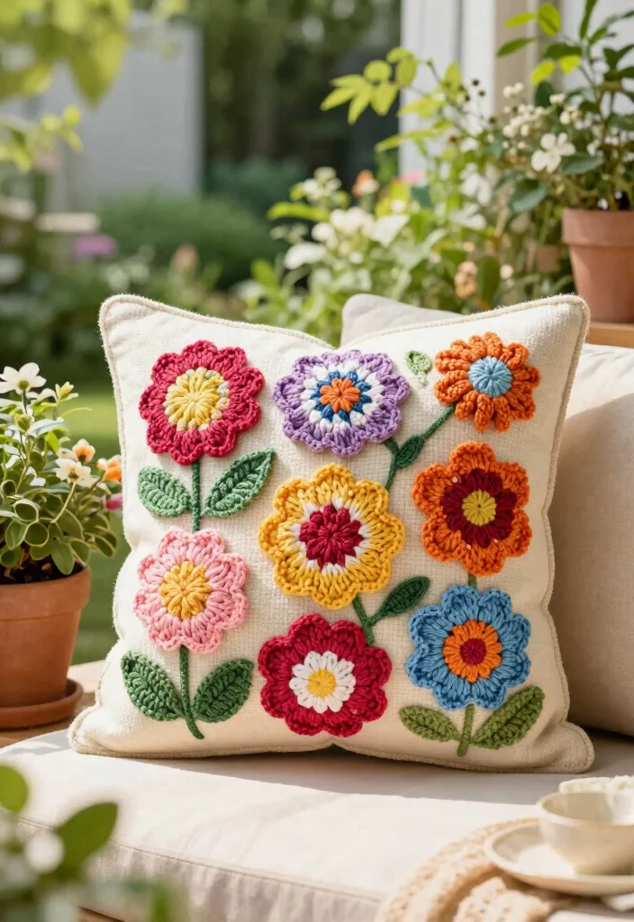 Crochet Pillow Patterns: Free Guide to Refreshing Home Decor with 20 Cozy Accent Ideas - 12. Floral Motif Pillow 1