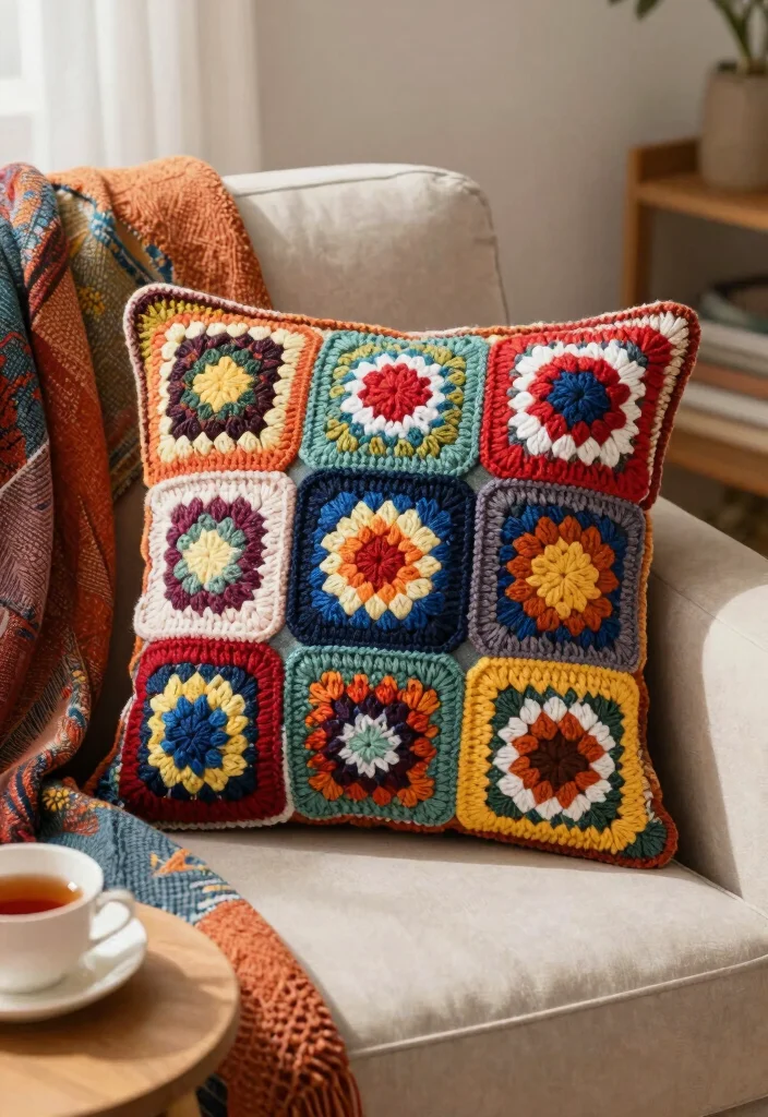 Crochet Pillow Patterns: Free Guide to Refreshing Home Decor with 20 Cozy Accent Ideas - 9. Patchwork Pillow 1