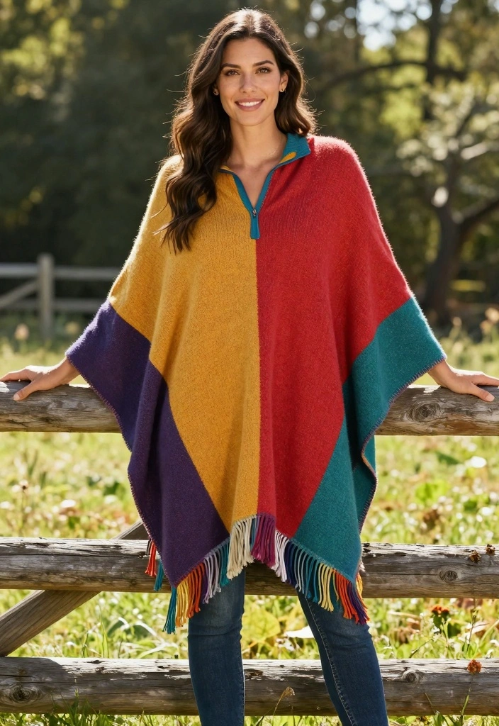 Crochet Poncho Free Pattern Guide for Effortless Comfort: 20 Relaxed Layering Styles - 7. Color Block Poncho 1
