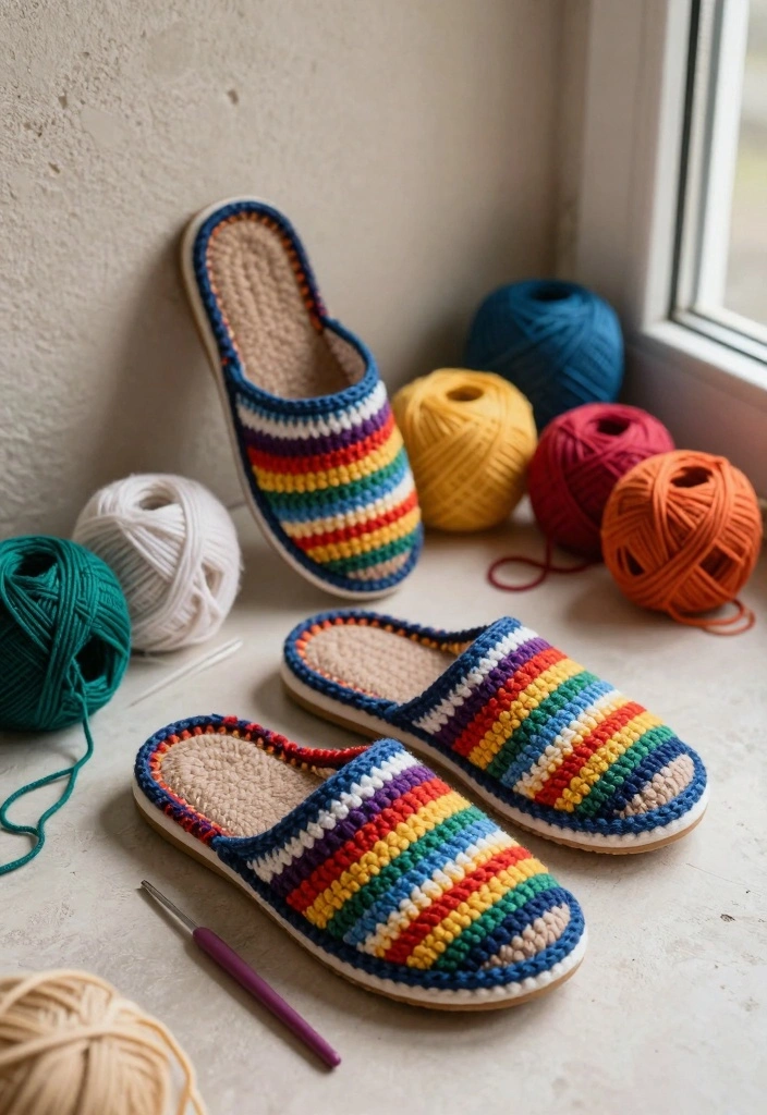 Crochet Slippers Free Pattern Guide for Comfortable Home Wear: 17 Warm Design Ideas - 6. Striped Slippers 1
