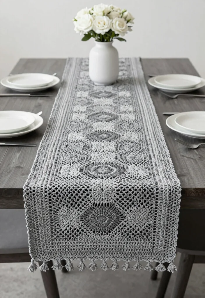 Crochet Table Runner Pattern Guide to Elevate Handmade Table Decor with 18 Beautiful Design Ideas - 16. Monochrome Magic 1