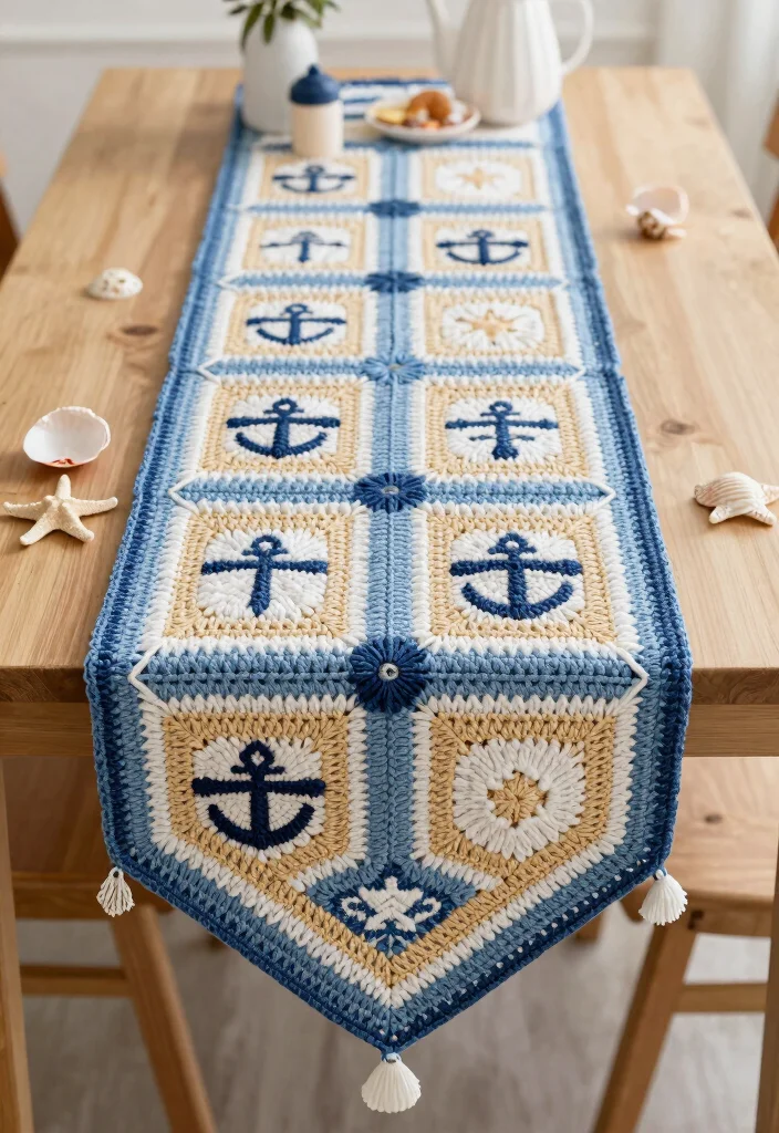 Crochet Table Runner Pattern Guide to Elevate Handmade Table Decor with 18 Beautiful Design Ideas - 17. Nautical Motifs for Coastal Vibes 1