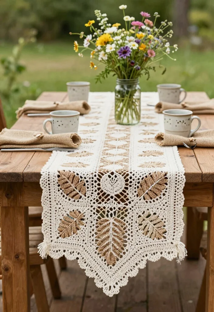 Crochet Table Runner Pattern Guide to Elevate Handmade Table Decor with 18 Beautiful Design Ideas - 3. Rustic Charm with Nature-Inspired Patterns 1