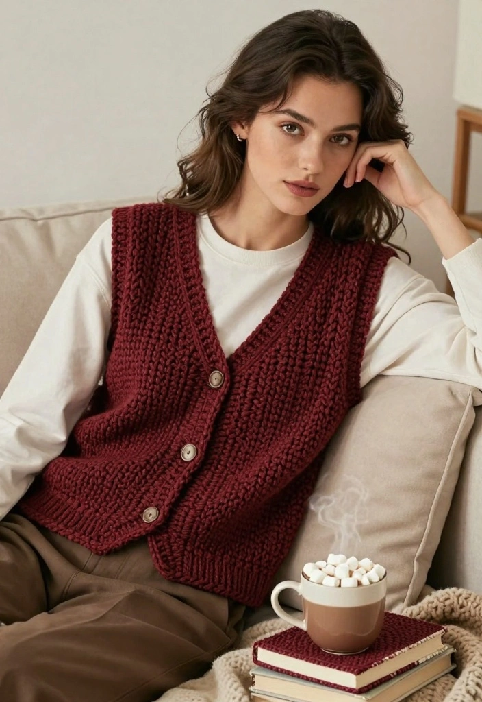 Crochet Vest Pattern Free Guide for Relaxed Layering Looks: 20 Wearable Outfit Ideas - 10. Chunky Knit Crochet Vest 1