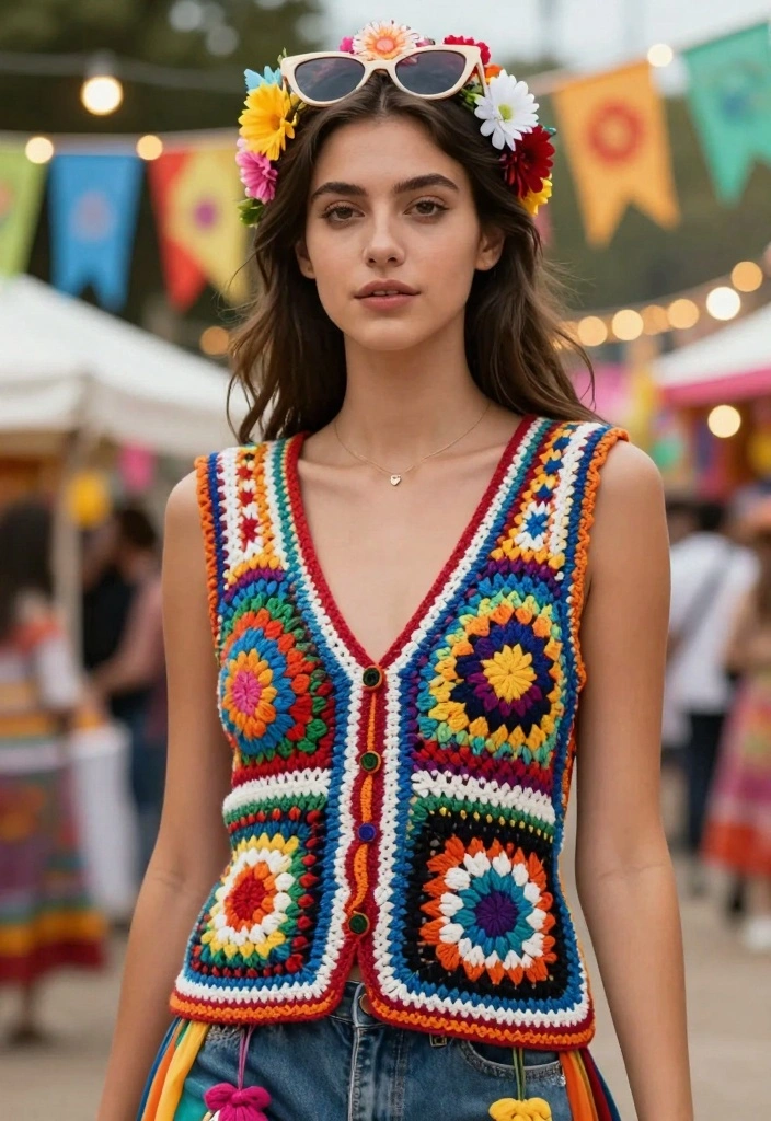 Crochet Vest Pattern Free Guide for Relaxed Layering Looks: 20 Wearable Outfit Ideas - 11. Festival Crochet Vest 1