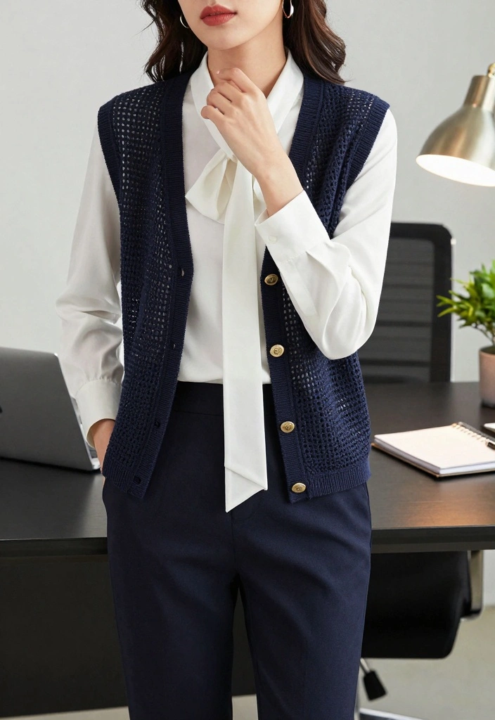 Crochet Vest Pattern Free Guide for Relaxed Layering Looks: 20 Wearable Outfit Ideas - 14. Chic Business Casual Crochet Vest 1