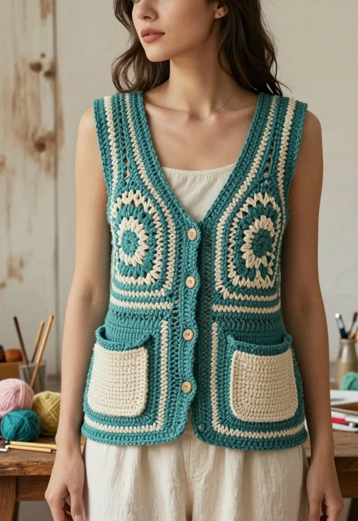 Crochet Vest Pattern Free Guide for Relaxed Layering Looks: 20 Wearable Outfit Ideas - 17. Artistic Crochet Vest with Pockets 1