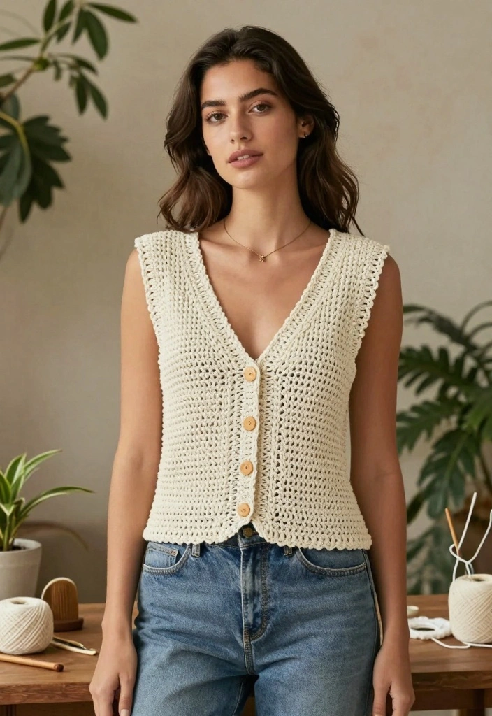 Crochet Vest Pattern Free Guide for Relaxed Layering Looks: 20 Wearable Outfit Ideas - 20. Eco-Friendly Crochet Vest 1