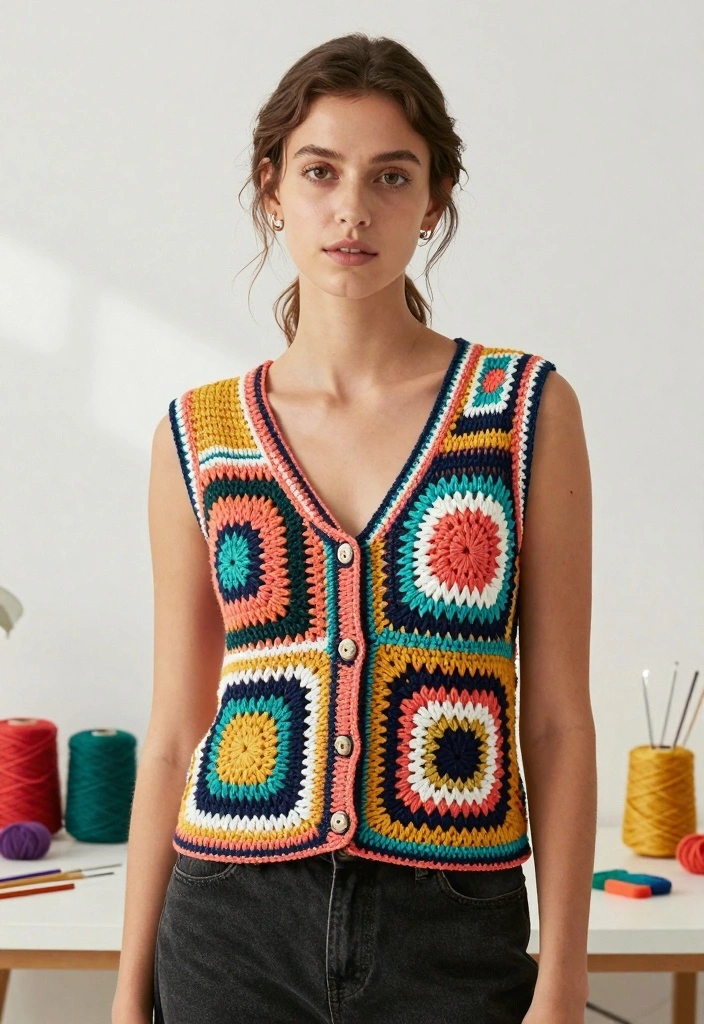 Crochet Vest Pattern Free Guide for Relaxed Layering Looks: 20 Wearable Outfit Ideas - 5. Color Block Crochet Vest 1
