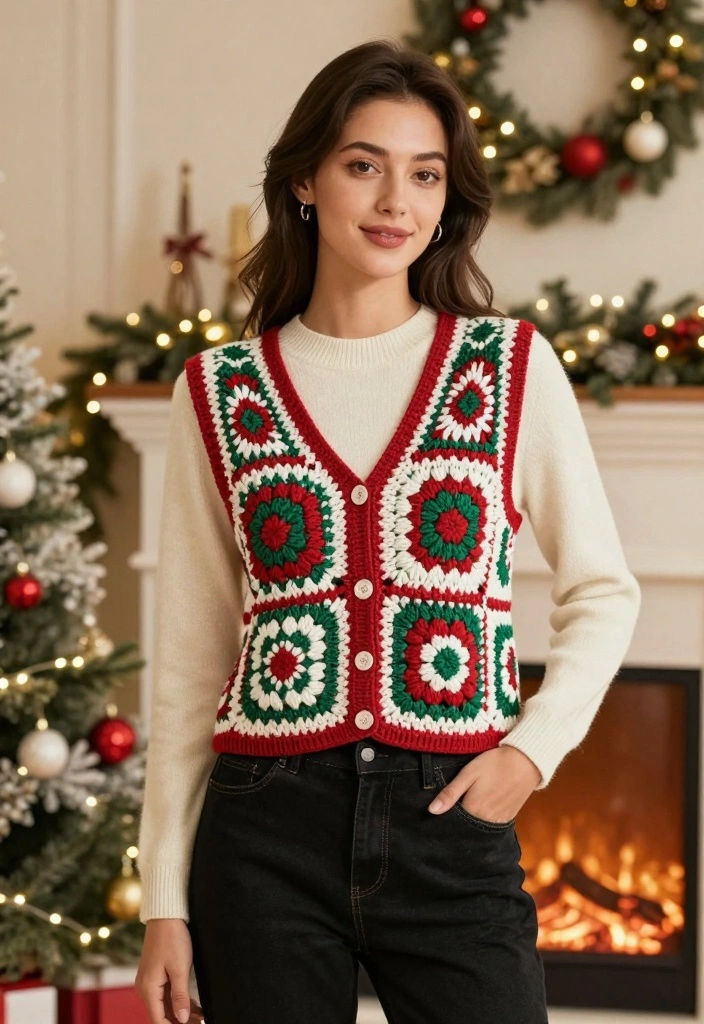 Crochet Vest Pattern Free Guide for Relaxed Layering Looks: 20 Wearable Outfit Ideas - 7. Festive Crochet Vest for Holiday Season 1