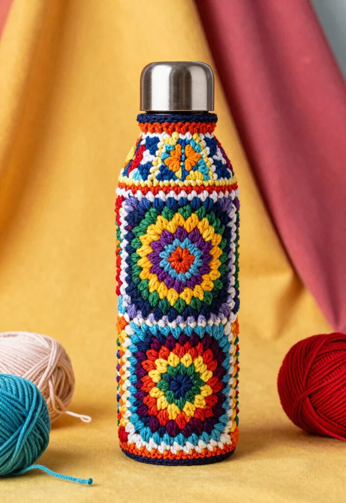 Crochet Water Bottle Holder Guide for Daily Use and Travel: 18 Practical Design Ideas - 13. Patterned Mosaic Holder 1